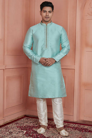 Sky Blue Embroidered Jacquard Kurta Pyjama Set