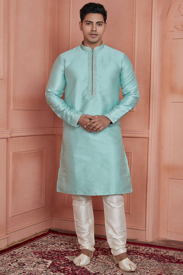 Sky Blue Embroidered Jacquard Kurta Pyjama Set