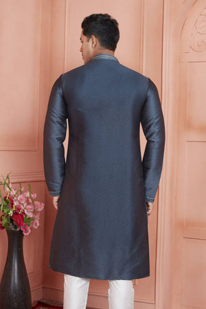 Grey Embroidered Jacquard Kurta Pyjama Set