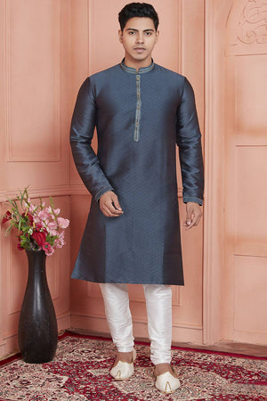 Grey Embroidered Jacquard Kurta Pyjama Set