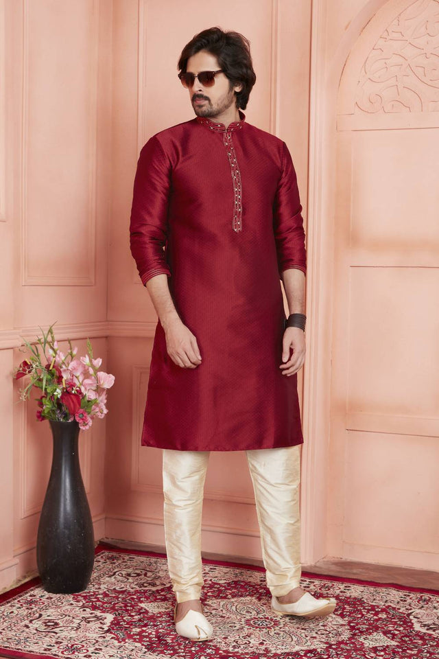 Maroon Embroidered Jacquard Kurta Pyjama Set