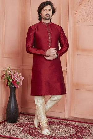 Maroon Embroidered Jacquard Kurta Pyjama Set