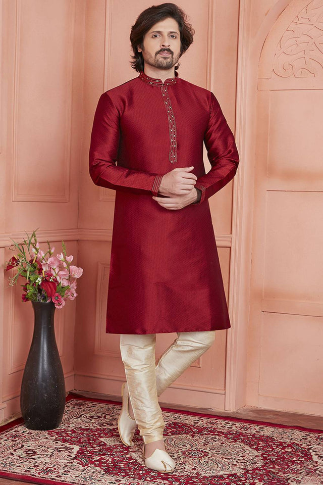 Maroon Embroidered Jacquard Kurta Pyjama Set