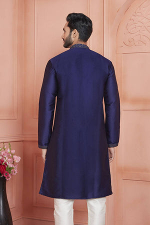 Blue Embroidered Jacquard Kurta Pyjama Set