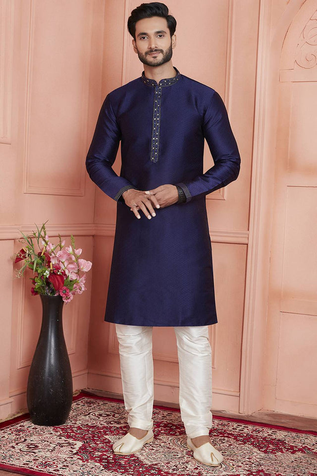 Blue Embroidered Jacquard Kurta Pyjama Set