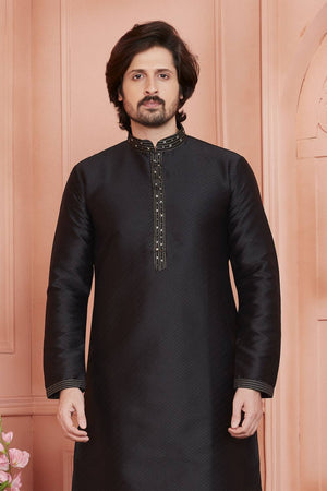 Black Embroidered Jacquard Kurta Pyjama Set