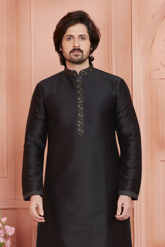 Black Embroidered Jacquard Kurta Pyjama Set