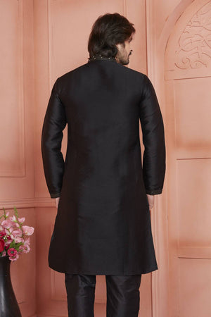 Black Embroidered Jacquard Kurta Pyjama Set