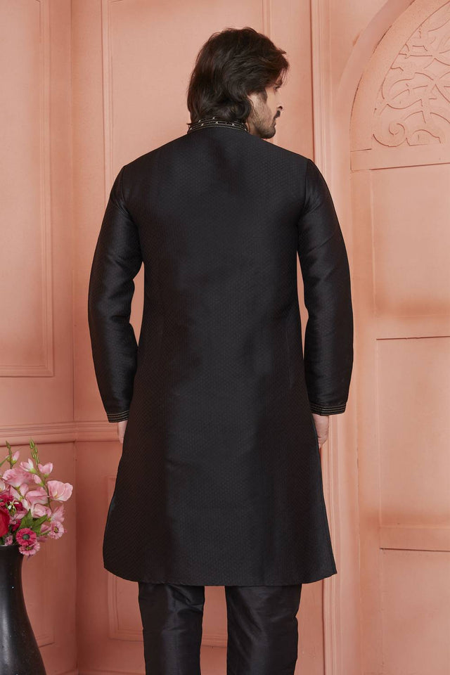 Black Embroidered Jacquard Kurta Pyjama Set