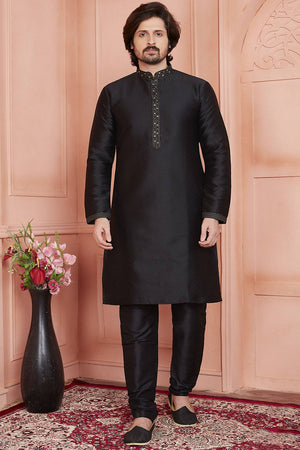 Black Embroidered Jacquard Kurta Pyjama Set