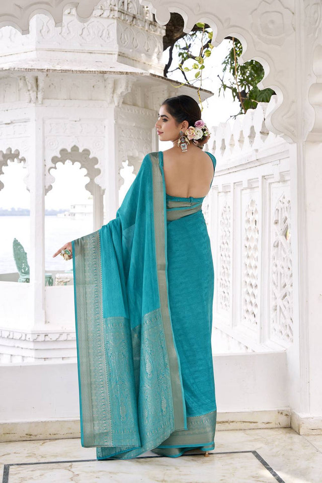 Turquoise Woven Chinon Saree