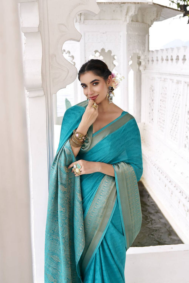 Turquoise Woven Chinon Saree