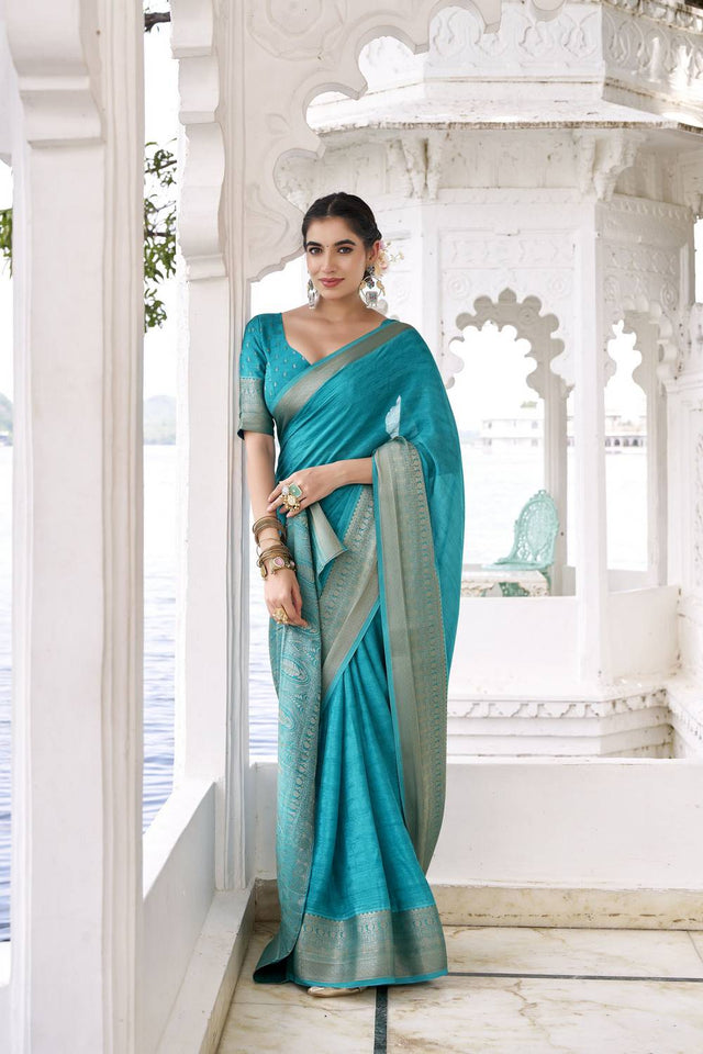 Turquoise Woven Chinon Saree