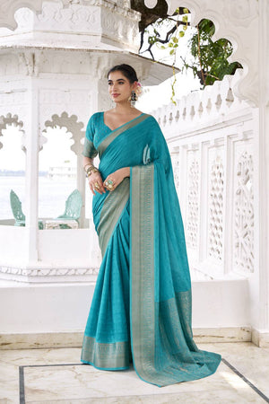 Turquoise Woven Chinon Saree