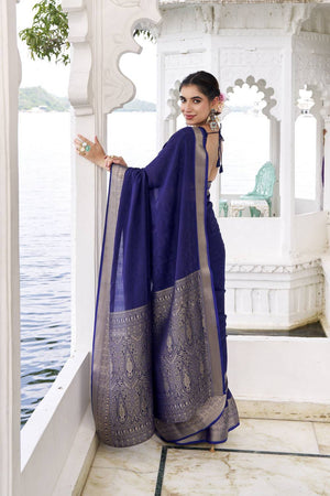 Blue Woven Chinon Saree