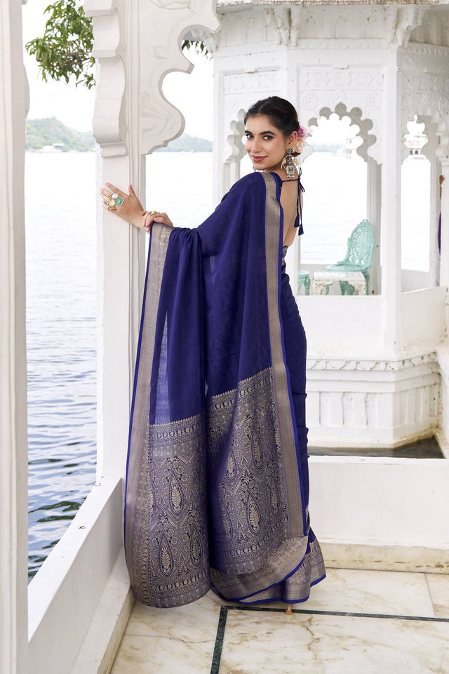 Blue Woven Chinon Saree
