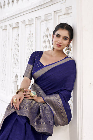 Blue Woven Chinon Saree