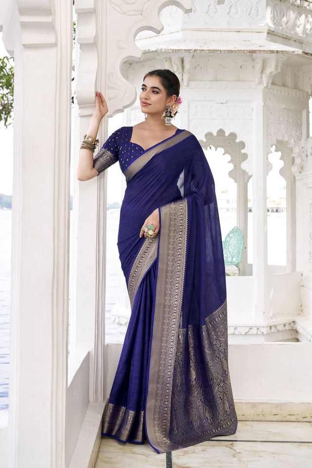 Blue Woven Chinon Saree