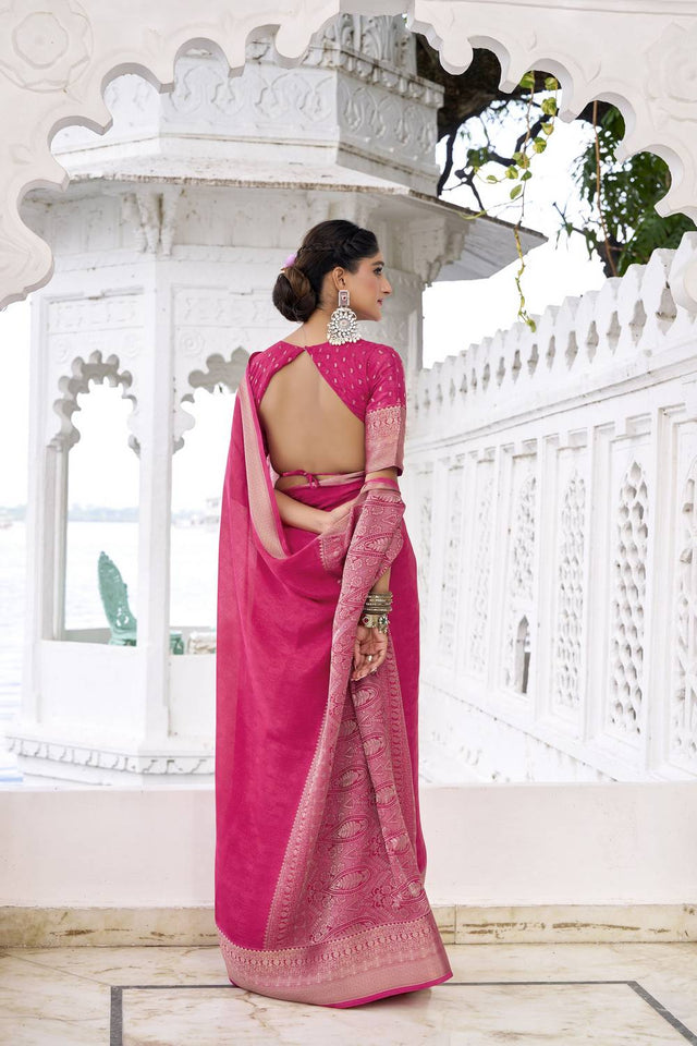 Pink Woven Chinon Saree