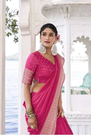 Pink Woven Chinon Saree