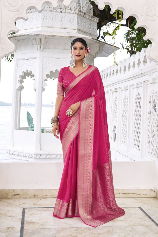 Pink Woven Chinon Saree