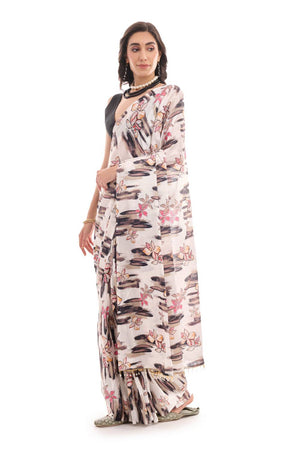 White Floral Printed Chinon Ready to Wear Saree