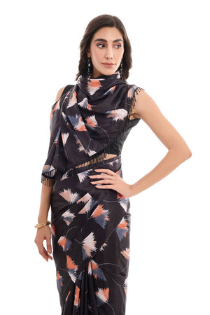 Black Printed Chinon Ready to Wear Saree