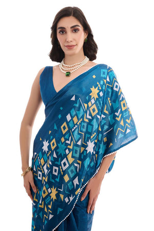 Turquoise Printed Chinon Ready to Wear Saree