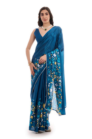 Turquoise Printed Chinon Ready to Wear Saree