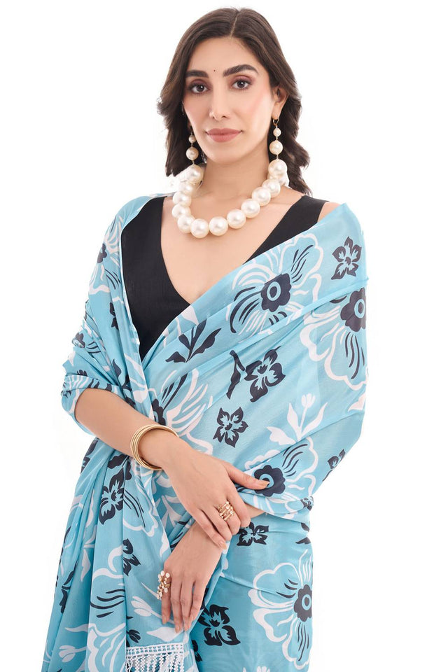 Sea Green Printed Chinon Ready to Wear Saree