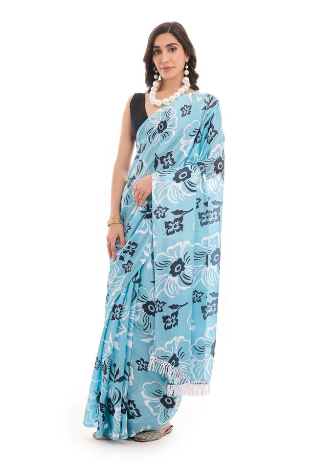 Sea Green Printed Chinon Ready to Wear Saree