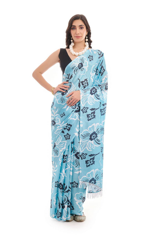 Sea Green Printed Chinon Ready to Wear Saree