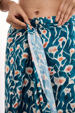 Turquoise Printed Chinon Ready to Wear Saree