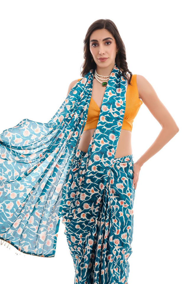 Turquoise Printed Chinon Ready to Wear Saree