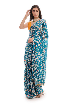 Turquoise Printed Chinon Ready to Wear Saree