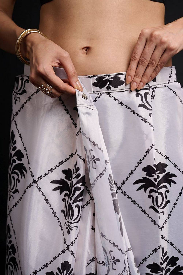 White Printed Chinon Ready to Wear Saree