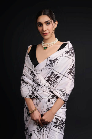 White Printed Chinon Ready to Wear Saree