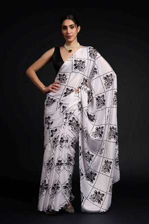 White Printed Chinon Ready to Wear Saree