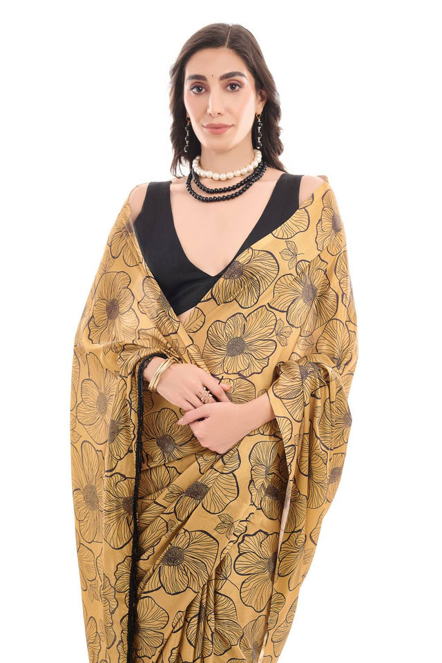 Mustard Printed Chinon Ready to Wear Saree