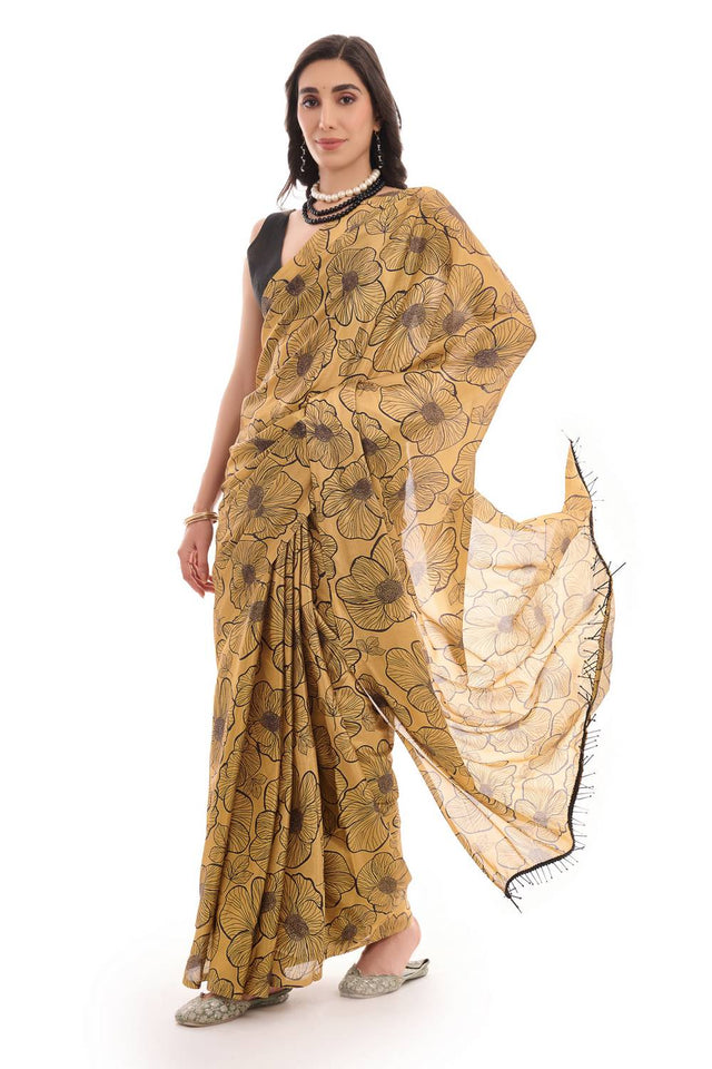 Mustard Printed Chinon Ready to Wear Saree