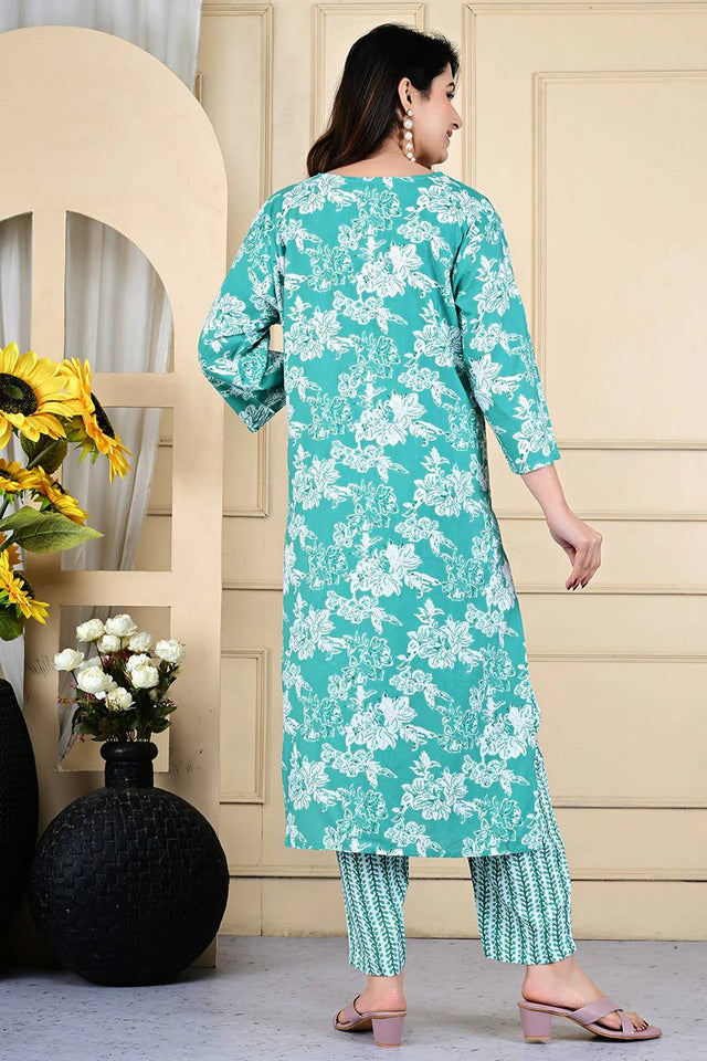 Sea Green Floral Printed Kurti Pant Set