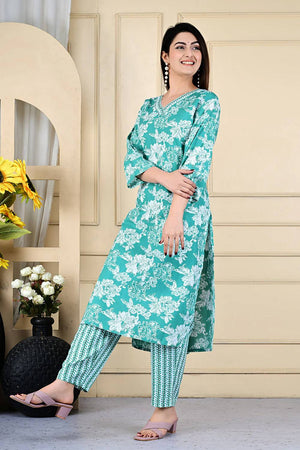 Sea Green Floral Printed Kurti Pant Set