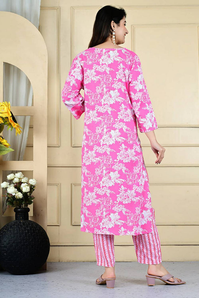 Pink Floral Printed Kurti Pant Set