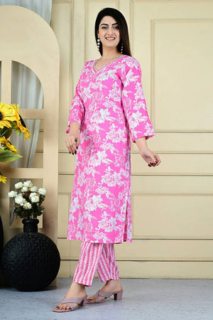 Pink Floral Printed Kurti Pant Set