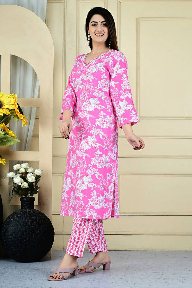 Pink Floral Printed Kurti Pant Set