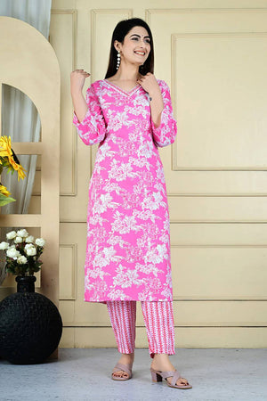 Pink Floral Printed Kurti Pant Set