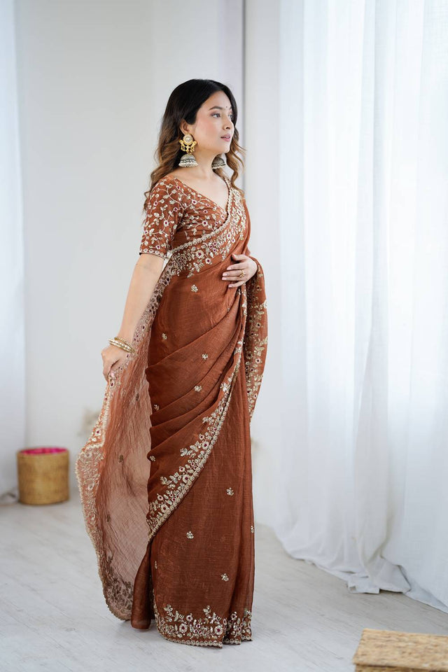 Brown Sequin with Embroidered Saree
