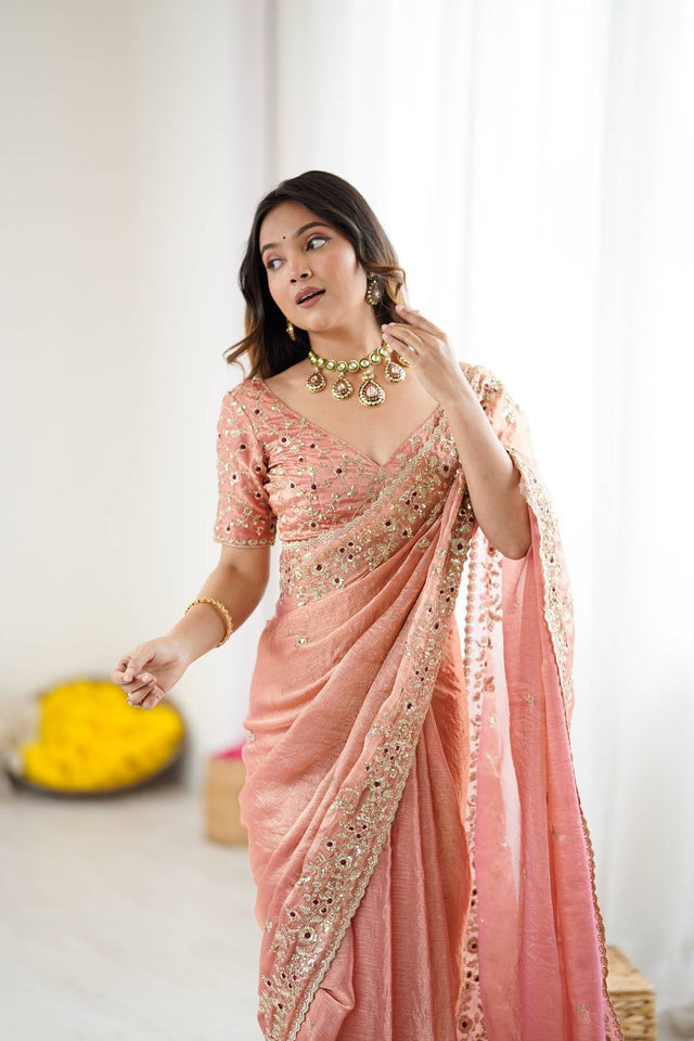 Peach Sequin with Embroidered Saree