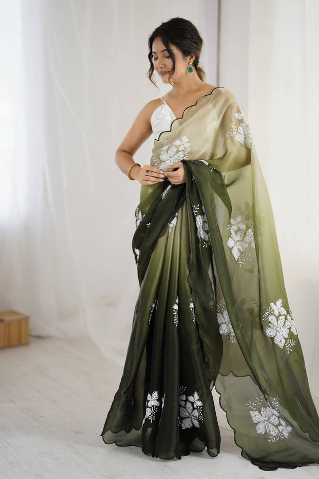 Mehendi Sequin with Embroidered Saree