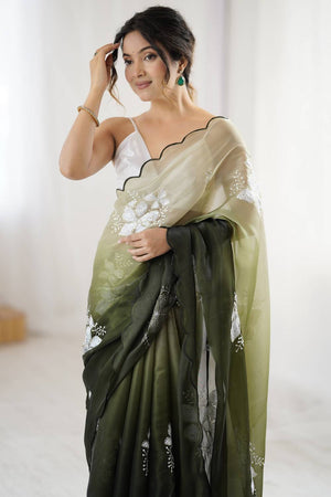 Mehendi Sequin with Embroidered Saree